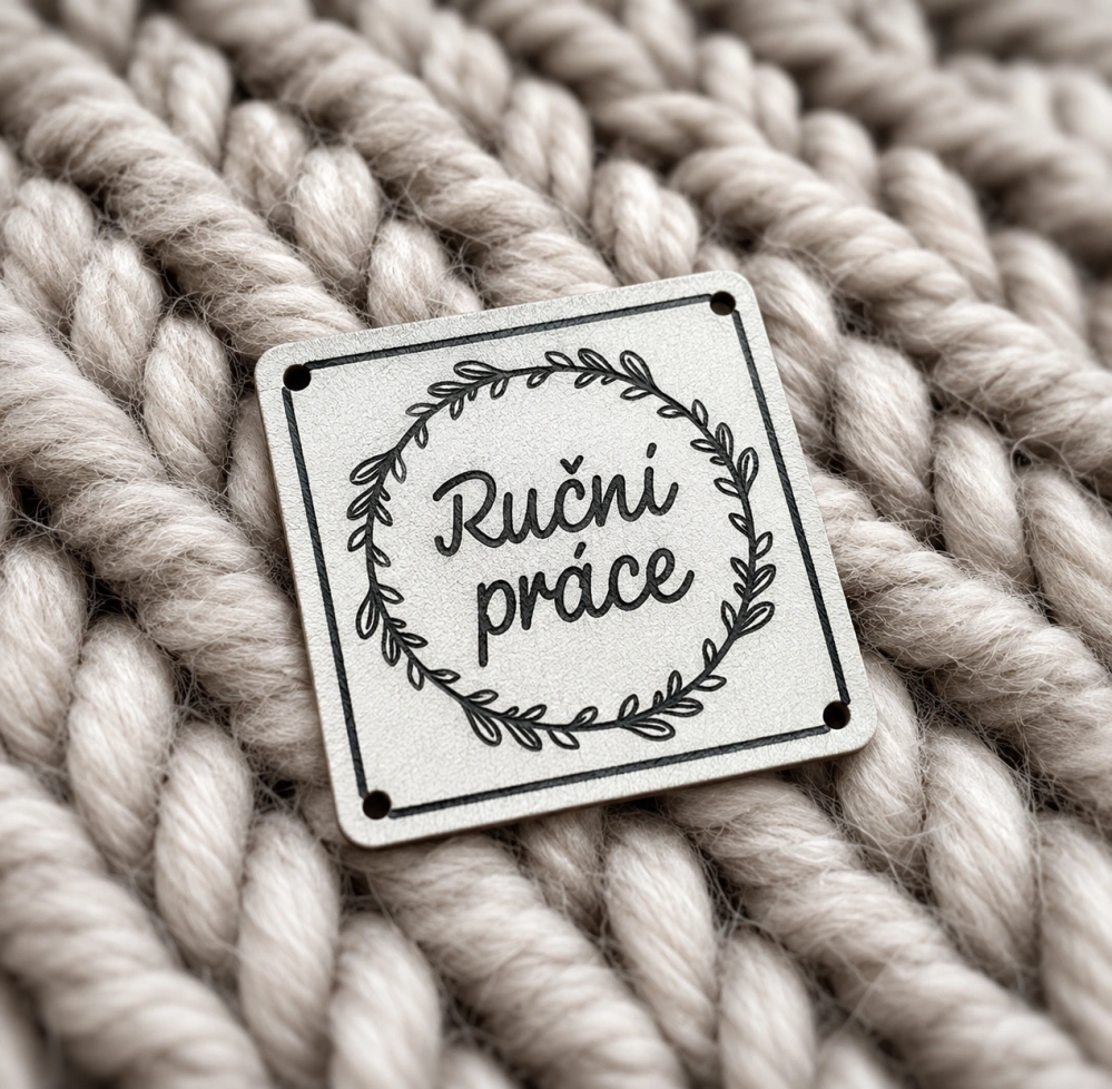 Koženkový štítek Ruční práce – bílo-béžový kropenatý, 30 × 30 mm